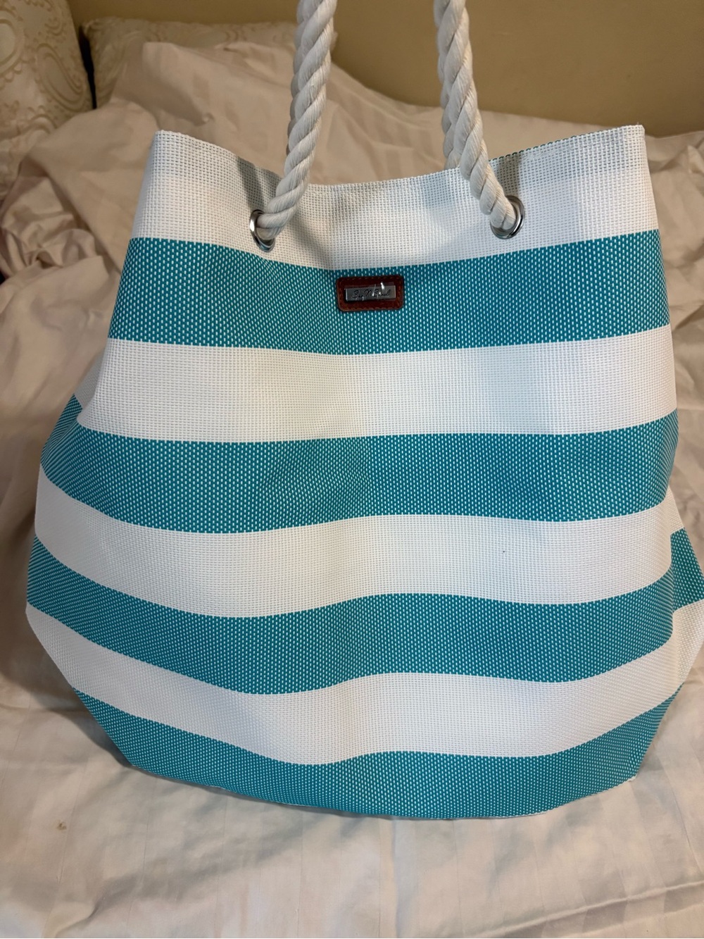 Striped Teal and White Rope-Handle Tote Sun ‘n Sand Sun and Sand Beall’s